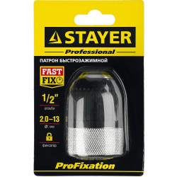 29050-13-1/2 Патрон STAYER ''PROFESSIONAL'' быстрозажимной, 13 мм, с фиксатором зажима сверла, для дрели, комбинированный корпус, посадочная резьба 1/2'', Д 2,0-13мм