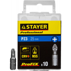 26221-3-25-10_z01 Биты STAYER ''PROFESSIONAL'' ProFix Pozidriv, тип хвостовика C 1/4'', № 3, L=25мм, 10шт