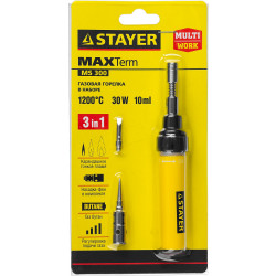 55506-H4 Газовый паяльник STAYER MS 300, 40 Вт, 1200°С в наборе: 4 в 1, горелка, фен, 2 жала
